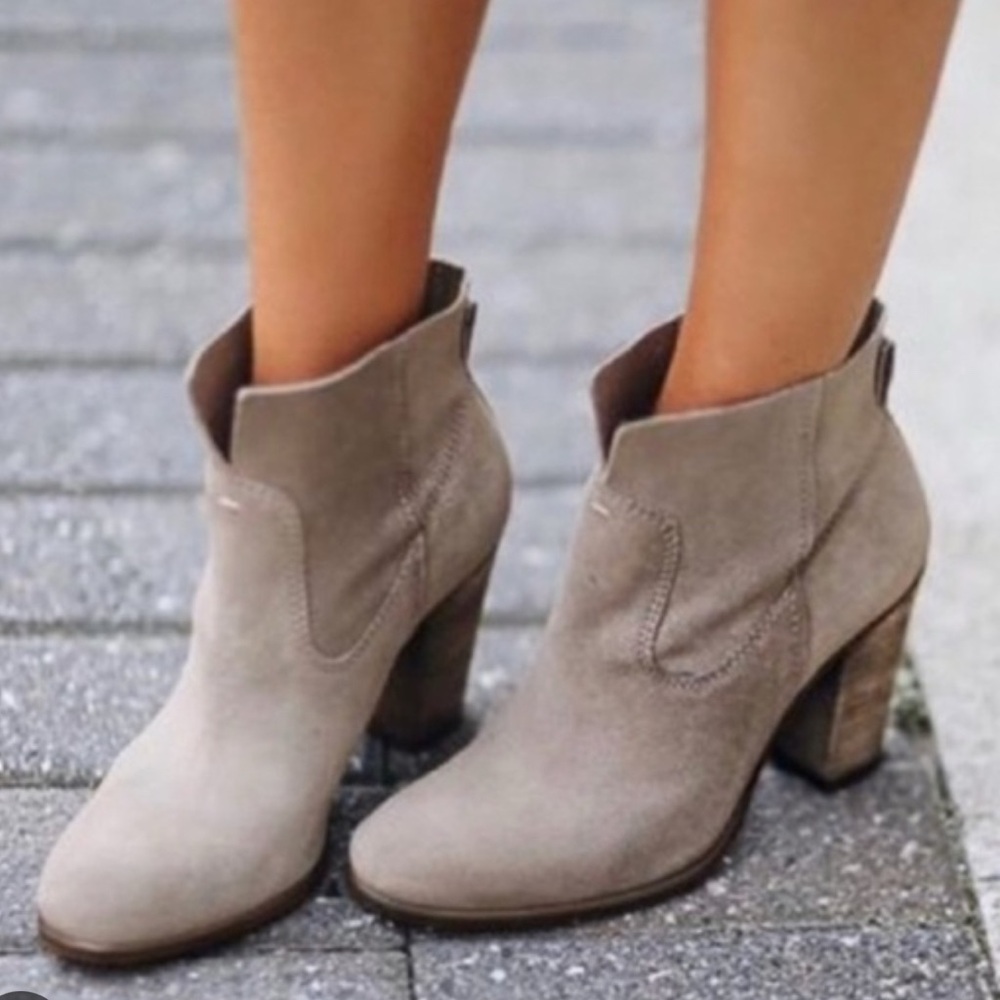 Vince Camuto Taupe Suede Ankle Booties with Stacked Heel
